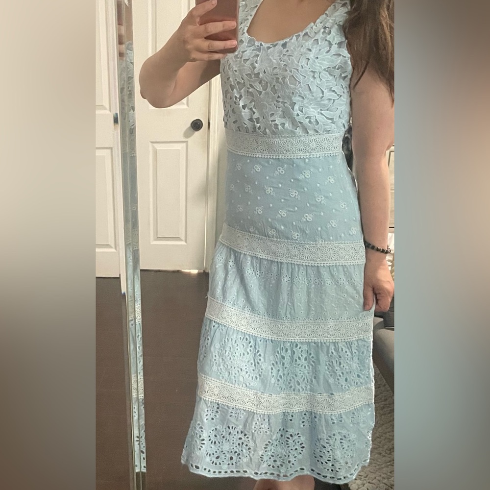 Beautiful blue lace peasant midi dress size small cottagecore